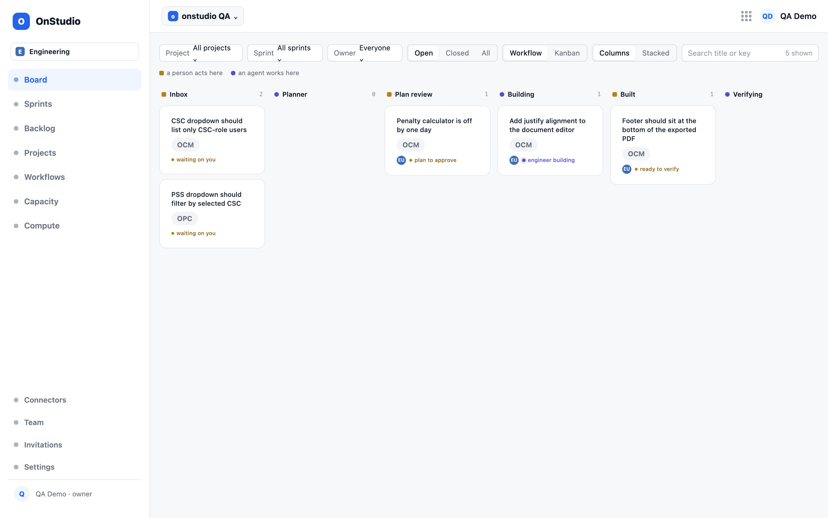 The Board — an Engineering workflow of lanes (Inbox, Planner, Plan review, Building, Built, Verifying), amber square markers where a person acts and violet round markers where an agent works, with five demo requests as cards