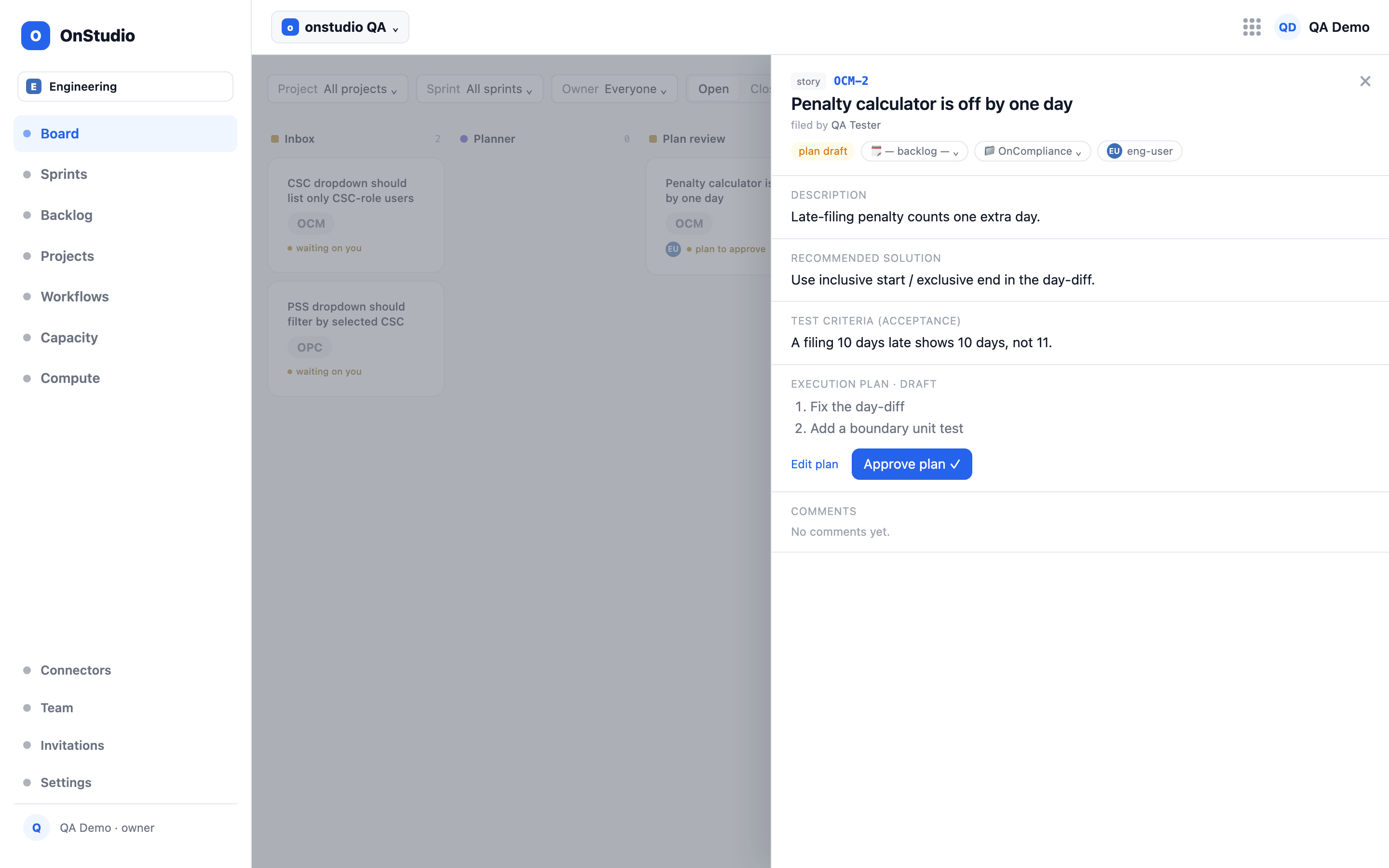 A request open in the drawer — title, phase, owner, description, recommended solution and test criteria, with a two-step execution plan waiting for Approve plan