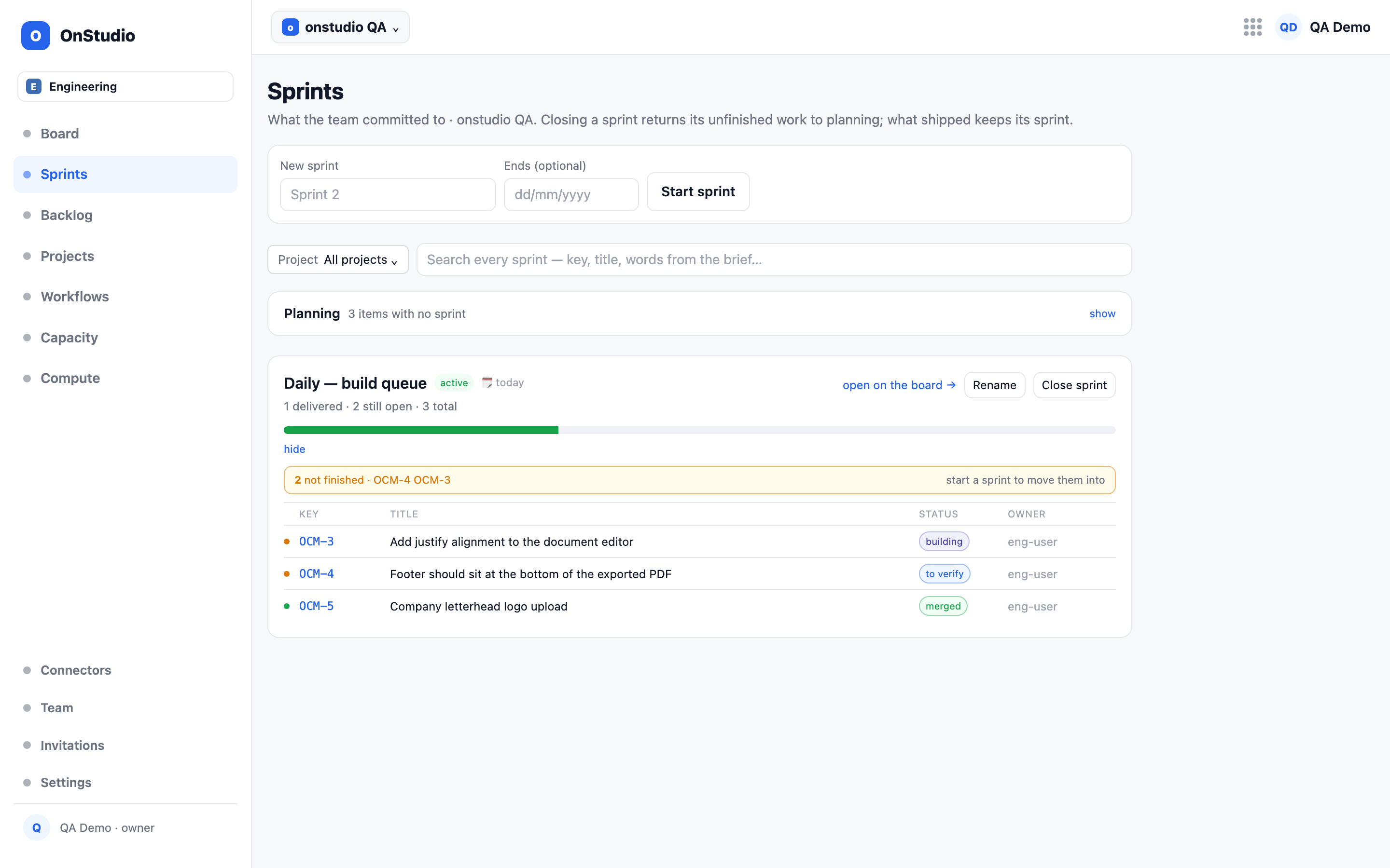 Sprints — the active sprint with one request delivered and two still open, a progress bar, the unfinished items named, and each item's status and owner